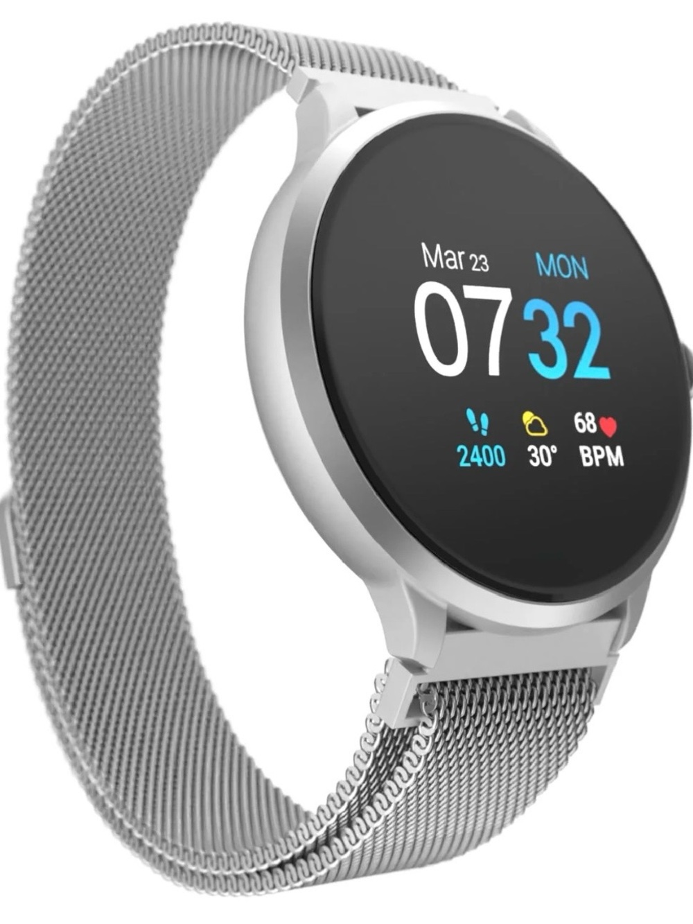 Silver Smartwatch with Metal Milanese Loop Band - Fitness & Heart Rate Tracker